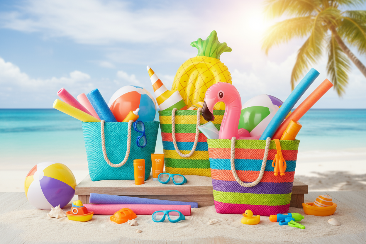beach bags with pool supplies & toys in them to explain retail store